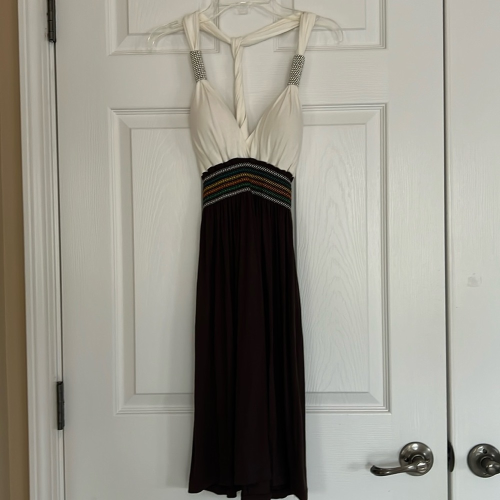 Vintage Easter Spring Break Cream & Brown Slip On Halter Neck Dress Size Small